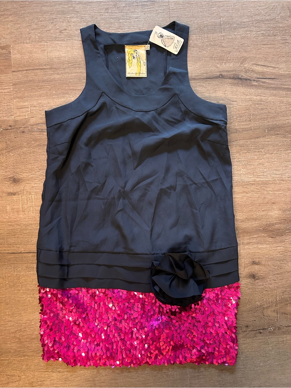 Twelve by Twelve Dress Womens XS Black Shift Sleeveless Sequin Hem Rosette